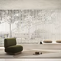 White Vertical Slat Curtains In Modern Interior With Green Armchair Trees Outside And Round Cushions