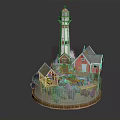 Cartoon Scene With Lighthouse Small Houses Green Grass And Trees On Circular Base