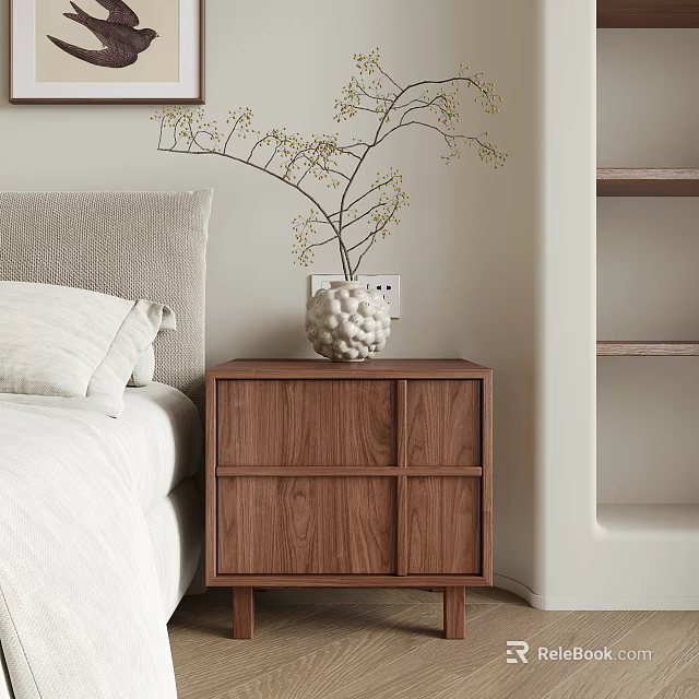 Warm Bedroom Interior With Wooden Nightstand Vase Twig Decor And Bookshelf 3d model 