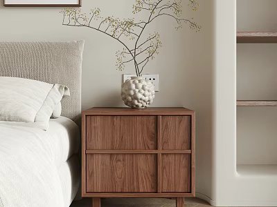 Warm Bedroom Interior With Wooden Nightstand Vase Twig Decor And Bookshelf 3d model