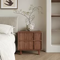 Warm Bedroom Interior With Wooden Nightstand Vase Twig Decor And Bookshelf