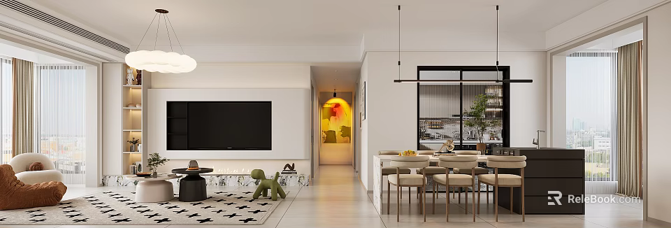 Modern Living Dining Room Interior With White TV Wall Dining Table Chairs Rug And Green Plant 3d model 
