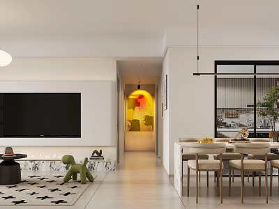 Modern Living Dining Room Interior With White TV Wall Dining Table Chairs Rug And Green Plant 3d model