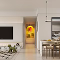 Modern Living Dining Room Interior With White TV Wall Dining Table Chairs Rug And Green Plant