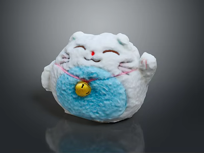 White Maneki Neko Cat Figurine With Blue Belly Red Ribbon And Golden Bell 3d model