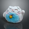 White Maneki Neko Cat Figurine With Blue Belly Red Ribbon And Golden Bell