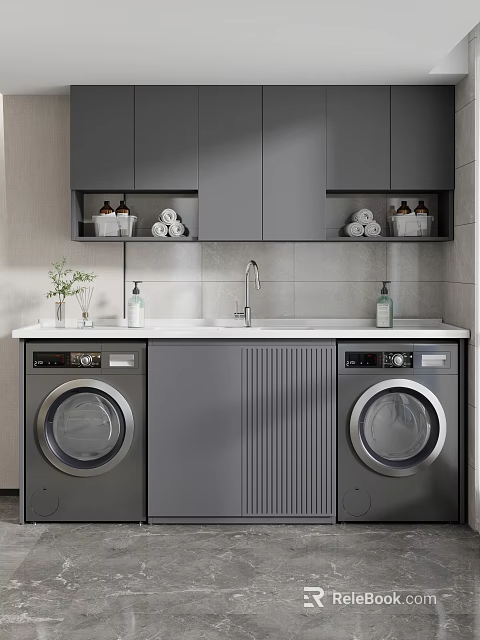 Modern Gray Balcony Cabinet with Washing Machines Storage Shelves Sink Faucet and Toiletries 3d model 