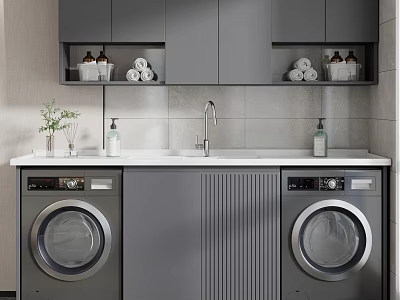 Modern Gray Balcony Cabinet with Washing Machines Storage Shelves Sink Faucet and Toiletries 3d model