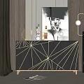 Elegant Modern Entryway Console Cabinet With Geometric Wood Pattern Gold Frame And Decorative Mirror