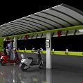 Electric Scooter Charging Canopy with Multiple Scooters Parked and Person Using Charging Station