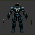 Blue Mech Warrior Character In Combat Armor With Gun And Equipment