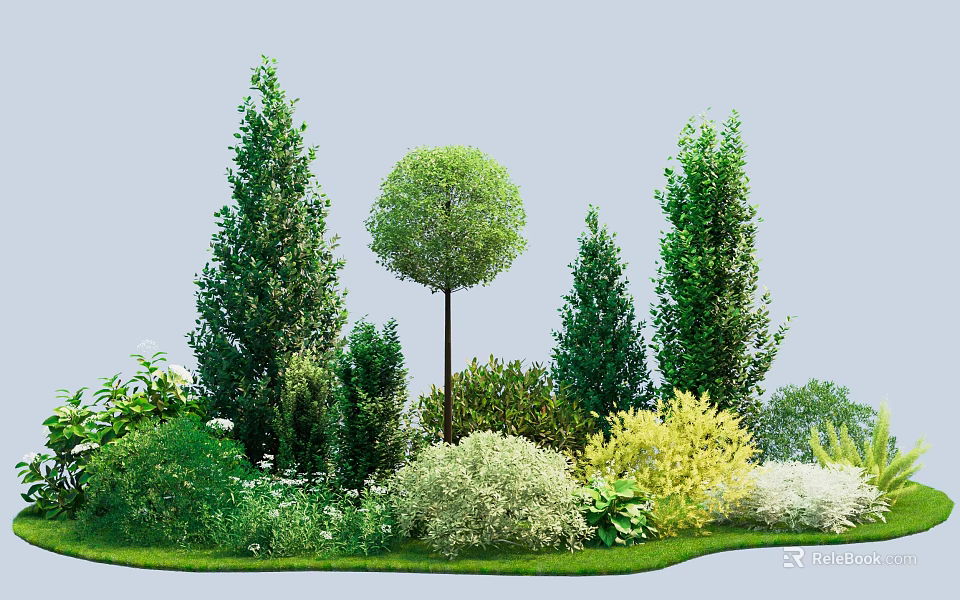 Various Types Of Trees Shrubs And Green Plants In Natural Garden Landscape With Lawn 3d model 