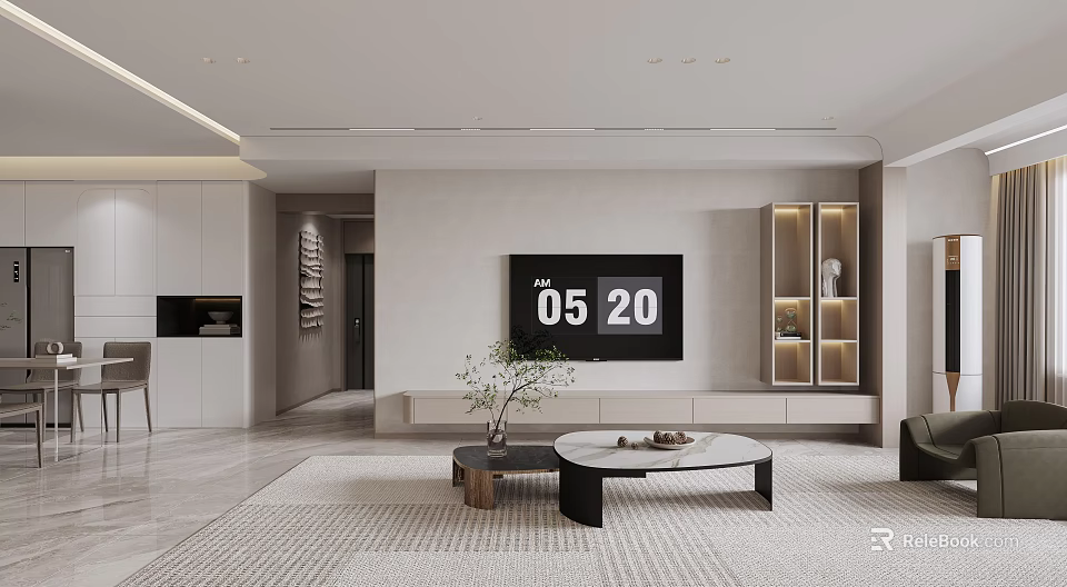 Modern Living and Dining Room With TV Wall Display Cabinets Coffee Table Green Plant Carpet 3d model 