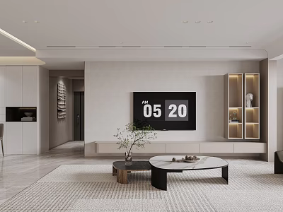 Modern Living and Dining Room With TV Wall Display Cabinets Coffee Table Green Plant Carpet 3d model