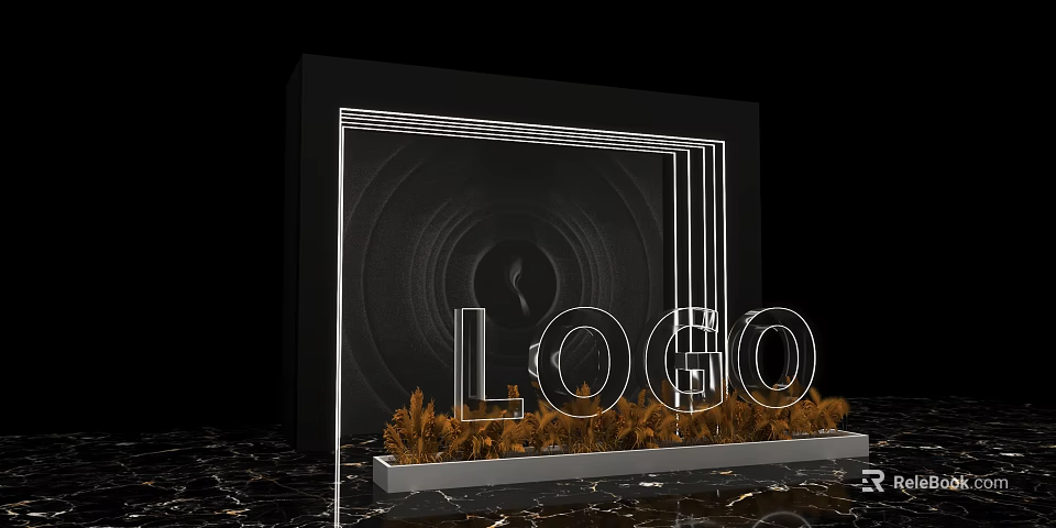 Stylish LOGO Display With Black Frame And Brown Decorative Plants On Marble Surface 3d model 