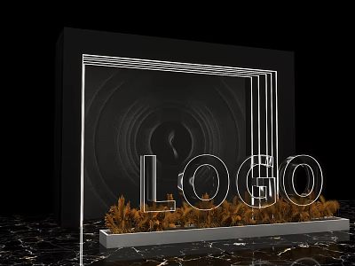 Stylish LOGO Display With Black Frame And Brown Decorative Plants On Marble Surface 3d model