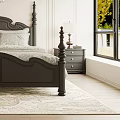 Classic Bedroom Interior With Black Four Poster Bed Crystal Chandelier Decorative Paneling And Window Greenery