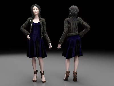 Female Character In Purple Dress Black Jacket And Brown High Heels Front Back View 3d model