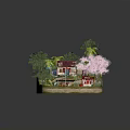 Cartoon Scene With Chinese Style House Pink Cherry Blossom Palm Trees And Red Lanterns