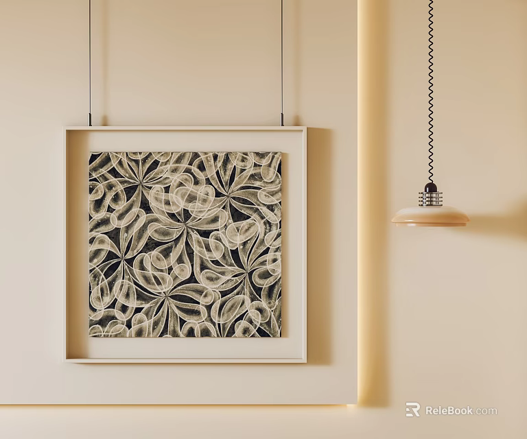 Abstract Painting With Black And White Leaf Pattern In Light Frame On Beige Wall 3d model 
