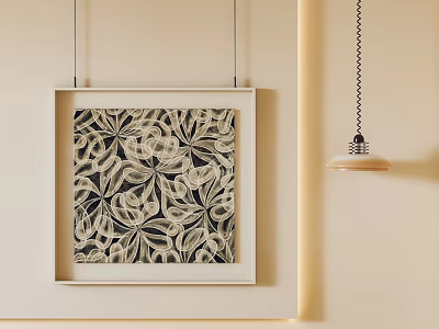 Abstract Painting With Black And White Leaf Pattern In Light Frame On Beige Wall 3d model