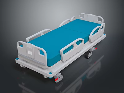 Modern Medical Bed with Blue Mattress White Frame and Side Rails on Wheels 3d model
