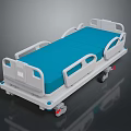 Modern Medical Bed with Blue Mattress White Frame and Side Rails on Wheels