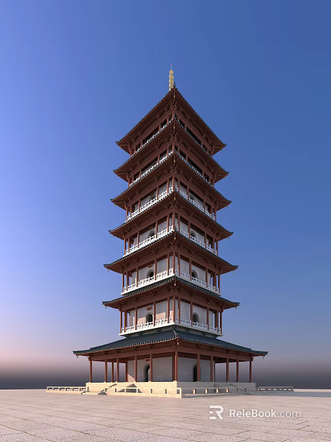 Traditional Chinese Multi tiered Tower With White Railings Against Blue Sky 3d model 