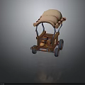 Vintage Wooden Carriage with Pink Canopy Blue Supports and Blue Wheels Carrying Items Inside