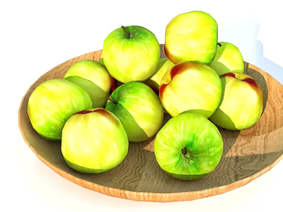 Fresh Ripe Green Apples Placed in a Wooden Plate on White Background 3d model