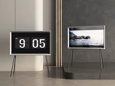 Modern Television on Stand Displaying Ocean Scenery With Digital Clock in Minimalist Room 3d model