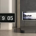 Modern Television on Stand Displaying Ocean Scenery With Digital Clock in Minimalist Room