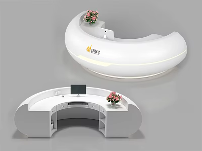 Modern White Curved Reception Desk With Flower Bouquet And Computer Monitor 3d model