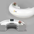 Modern White Curved Reception Desk With Flower Bouquet And Computer Monitor