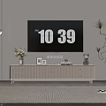 Modern TV Stand with TV Screen Decorative Items Potted Plant and Striped Rug