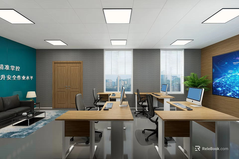 Public Office Space with Wooden Desks Computers Green Plant Sofa Ceiling Lights and Windows 3d model 