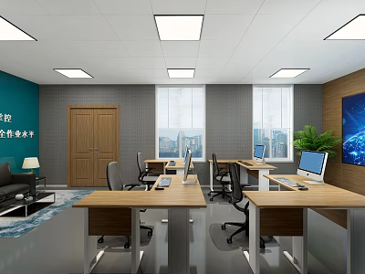 Public Office Space with Wooden Desks Computers Green Plant Sofa Ceiling Lights and Windows 3d model
