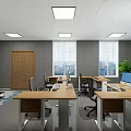 Public Office Space with Wooden Desks Computers Green Plant Sofa Ceiling Lights and Windows