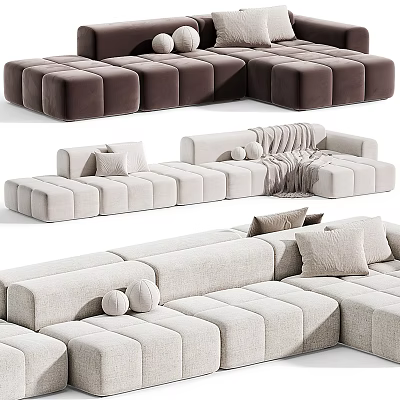 Modern Sectional Sofa With Modular Design Neutral Tones Pillows And Throw Blanket 3d model