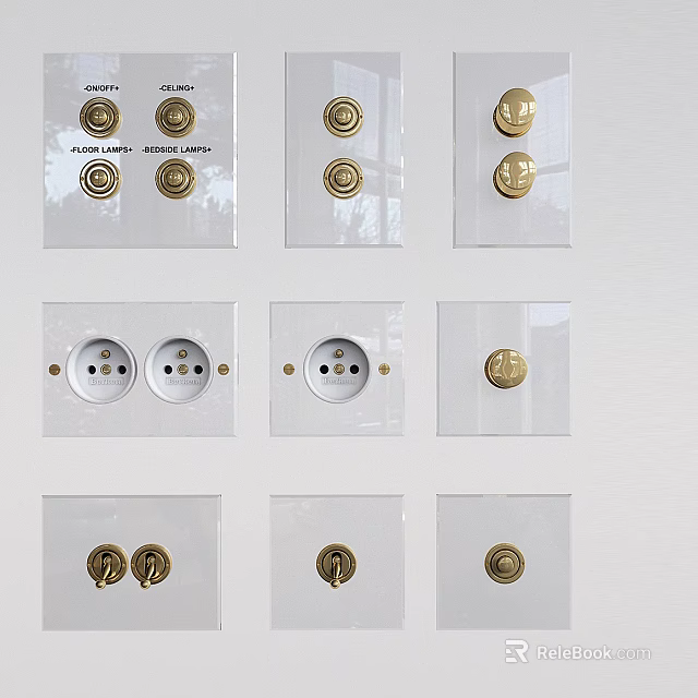 Modern Transparent Switch Panels With Gold Switches And Power Sockets 3d model 