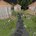 Cozy Resort Garden Landscape With Thatched Glamping Huts Lush Greenery And Natural Stone Walkways