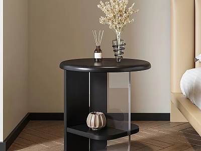 Modern Black Round Top Bedside Table With Aromatherapy Bottle Dried Flowers And Decorative Shelf 3d model