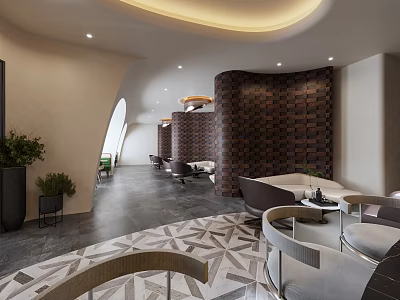 Modern Hotel Public Lounge Interior With Plush Seating Green Plants And Decorative Brick Wall 3d model