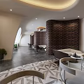 Modern Hotel Public Lounge Interior With Plush Seating Green Plants And Decorative Brick Wall