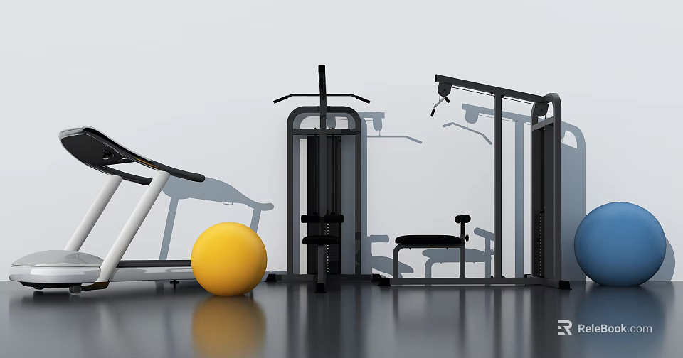 Modern Home Gym Sports Equipment With Treadmill Yellow Exercise Ball Trainer And Bench 3d model 