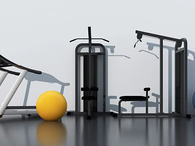 Modern Home Gym Sports Equipment With Treadmill Yellow Exercise Ball Trainer And Bench 3d model