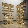 Modern Golden Frame Bookshelf With LED Lighting Multiple Shelves And Decorative Vases Books