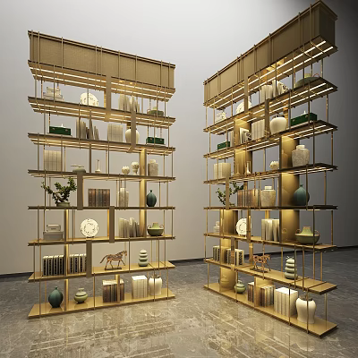 Modern Golden Frame Bookshelf With LED Lighting Multiple Shelves And Decorative Vases Books 3d model