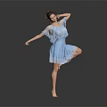 Game Movie Character in Blue Frilled Dress Striking Single Leg Pose Against Gray Gradient Background