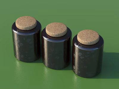 Three Black Bottles with Cork Lids Decorative Ornament Set on Green Background 3d model